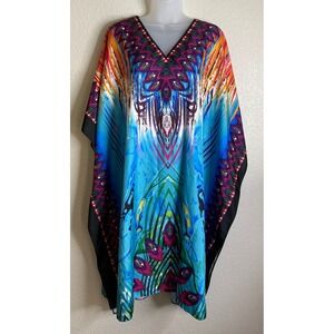 Ashro Women One Size Kaftan Dress Blue Multicolor Peacock Print V Neck Oversized